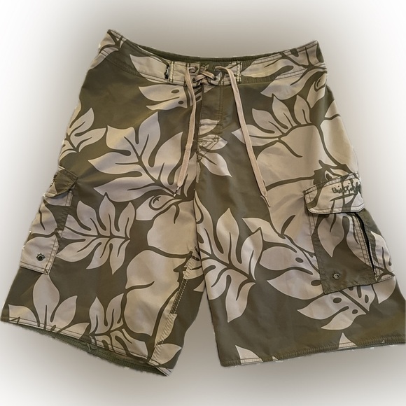Quiksilver board shorts 10” inseam Hawaiian floral print - khaki green/tan - Picture 1 of 10